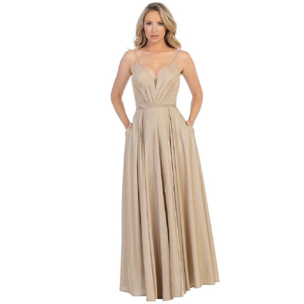 Gold Metallic Pleated Formal Long Dress